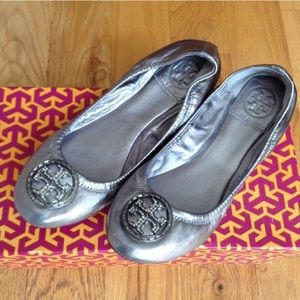Tory Burch Silver Rhinestone Logo Ballet Flats